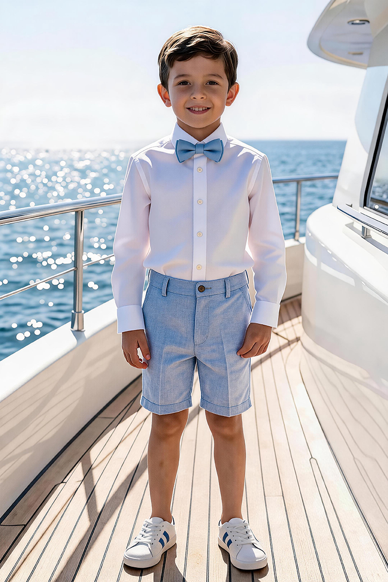 Boys White Long Sleeve Shirt & Light Blue Cuffed Shorts 2-Piece Set