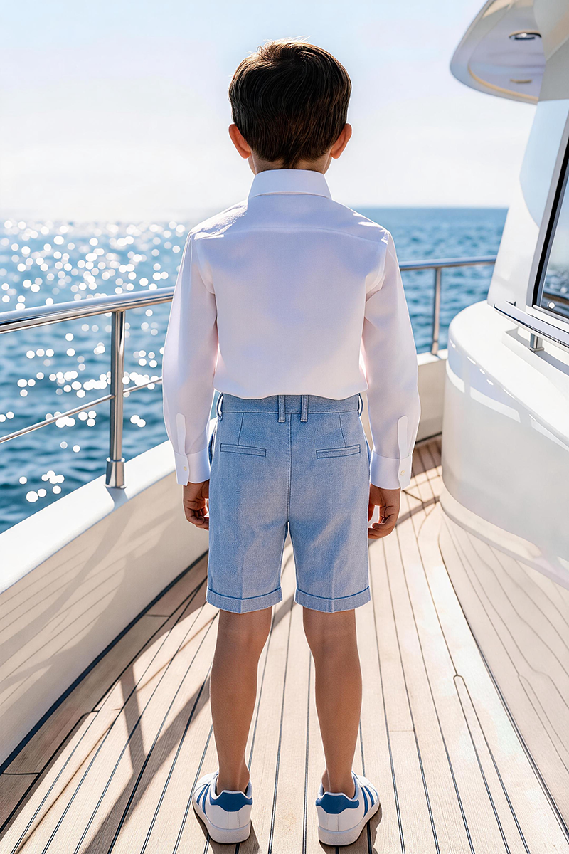 Boys White Long Sleeve Shirt & Light Blue Cuffed Shorts 2-Piece Set