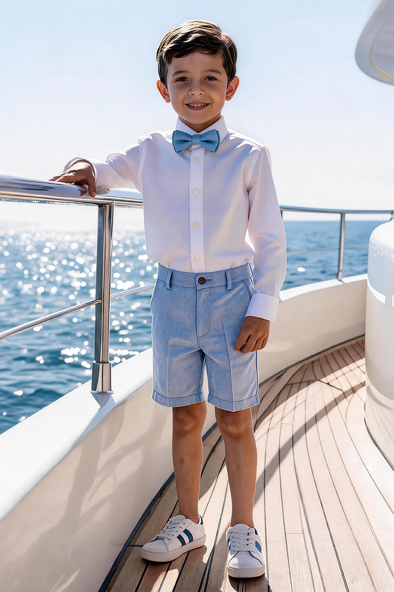 Boys White Long Sleeve Shirt & Light Blue Cuffed Shorts 2-Piece Set
