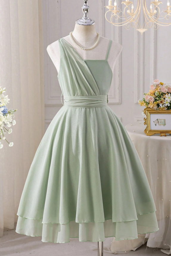 Light Sage Green Chiffon Asymmetric One-Shoulder A-Line Girls Dress