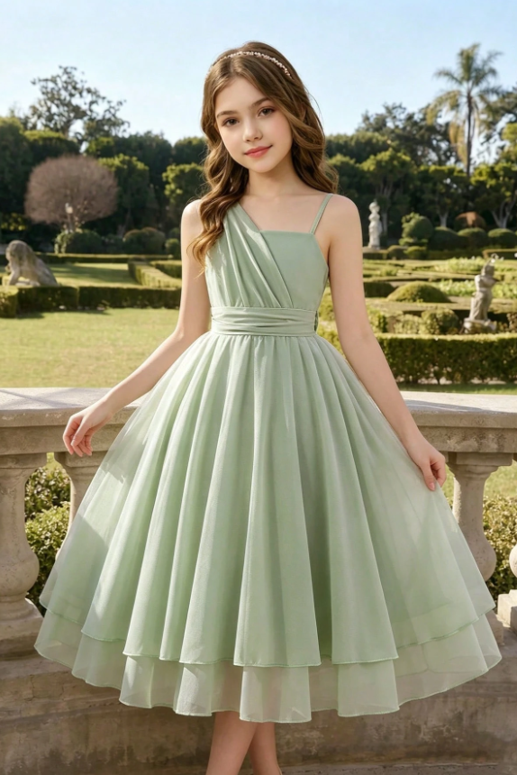 Light Sage Green Chiffon Asymmetric One-Shoulder A-Line Girls Dress