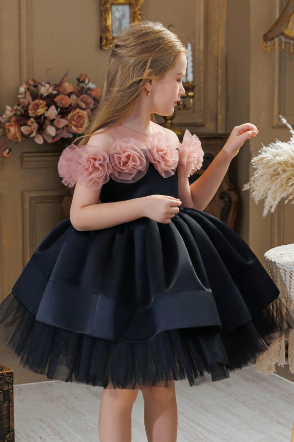 Black Satin Voluminous Blush Pink 3D Tulle Floral A-Line Dress