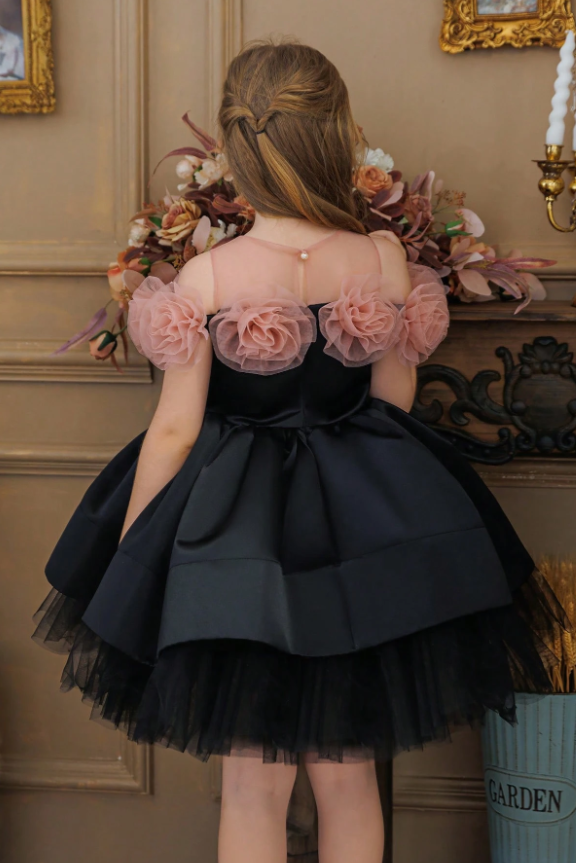 Black Satin Voluminous Blush Pink 3D Tulle Floral A-Line Dress