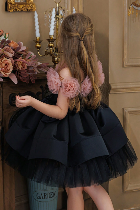 Black Satin Voluminous Blush Pink 3D Tulle Floral A-Line Dress