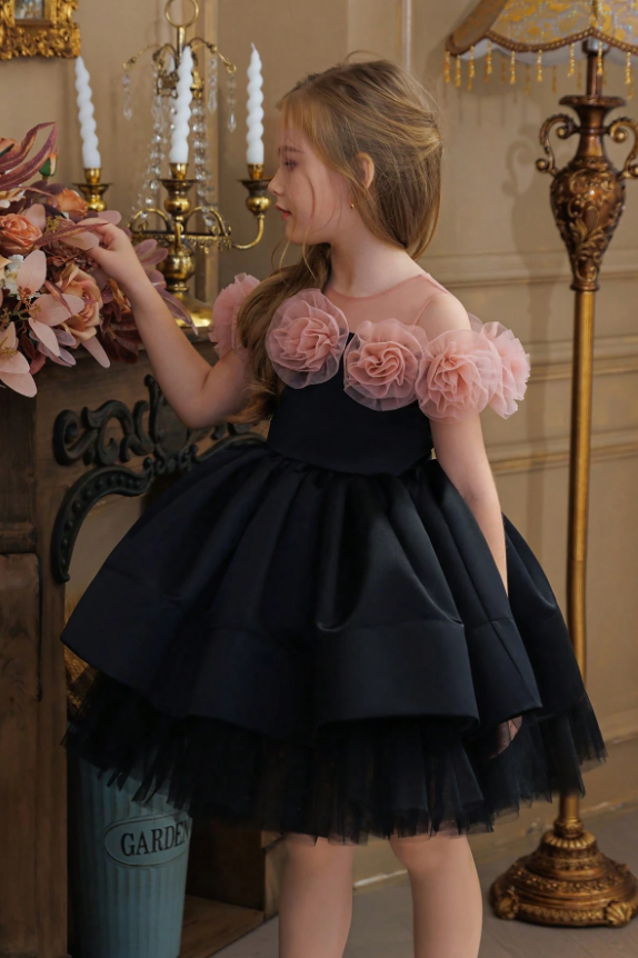Black Satin Voluminous Blush Pink 3D Tulle Floral A-Line Dress