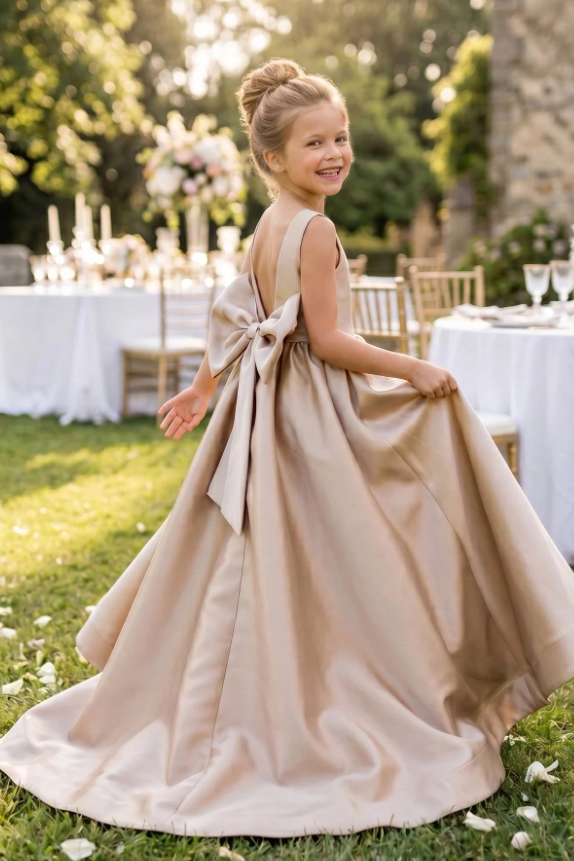 Champagne Satin Oversized Back Bow Floor-Length A-Line Sleeveless Dress
