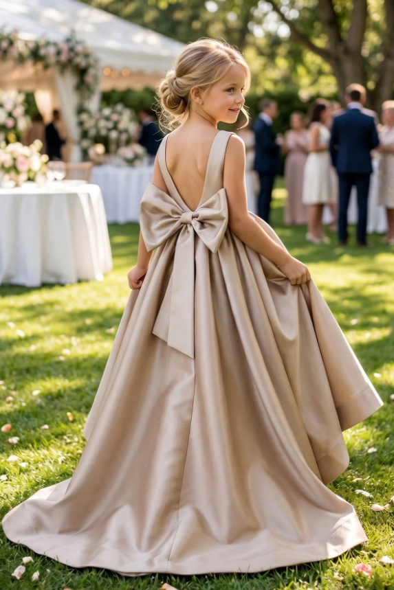 Champagne Satin Oversized Back Bow Floor-Length A-Line Sleeveless Dress