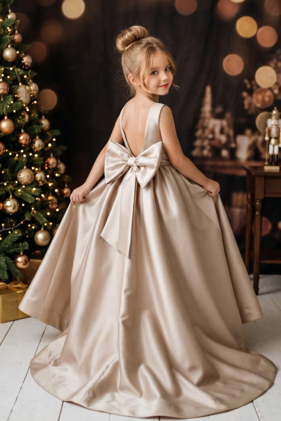 Champagne Satin Oversized Back Bow Floor-Length A-Line Sleeveless Dress