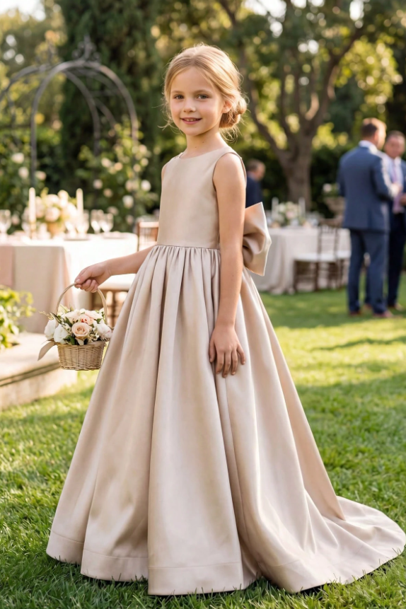 Champagne Satin Oversized Back Bow Floor-Length A-Line Sleeveless Dress
