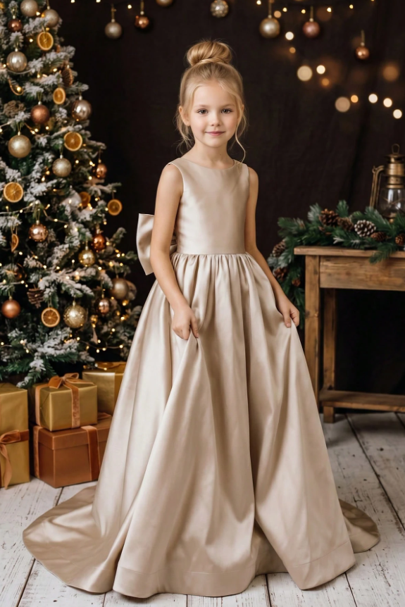 Champagne Satin Oversized Back Bow Floor-Length A-Line Sleeveless Dress
