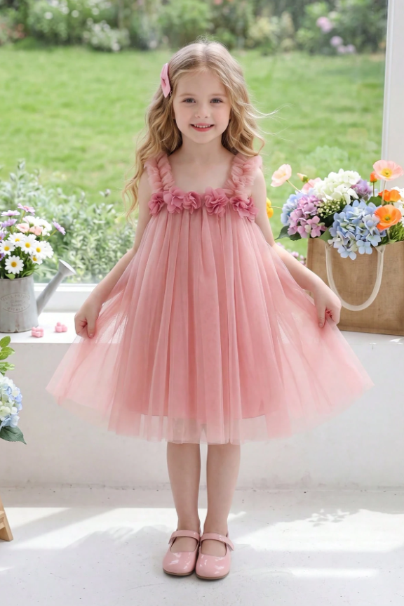 Dusty Pink Floral Ruffle Strap Elastic Back Pull-On Tulle A-Line Dress