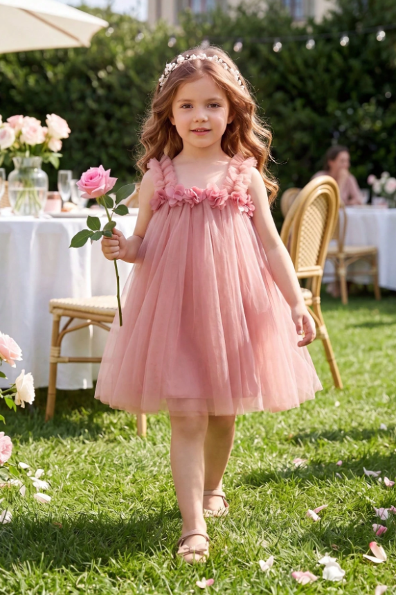 Dusty Pink Floral Ruffle Strap Elastic Back Pull-On Tulle A-Line Dress