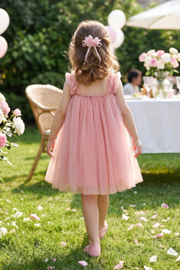 Dusty Pink Floral Ruffle Strap Elastic Back Pull-On Tulle A-Line Dress