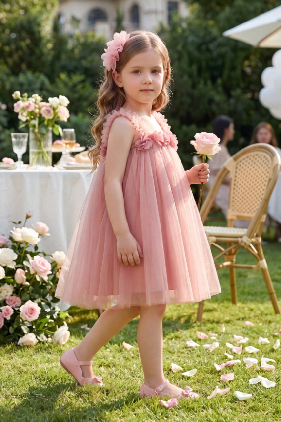 Dusty Pink Floral Ruffle Strap Elastic Back Pull-On Tulle A-Line Dress