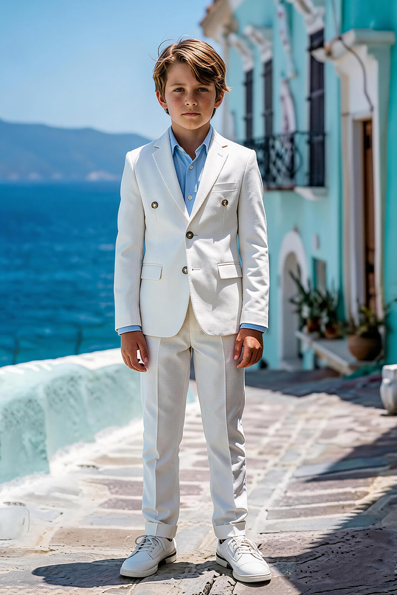 Boys White Notch Lapel Double Breasted 2-Piece Suit for Summer Wedding