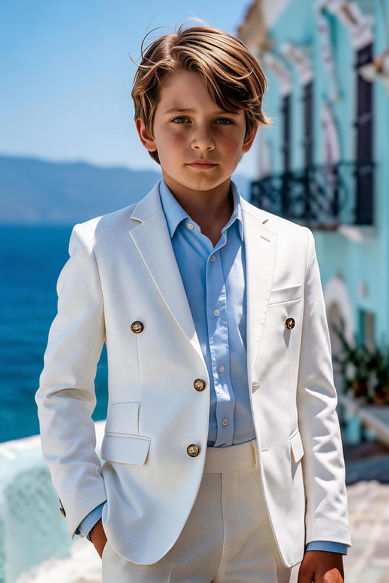 Boys White Notch Lapel Double Breasted 2-Piece Suit for Summer Wedding