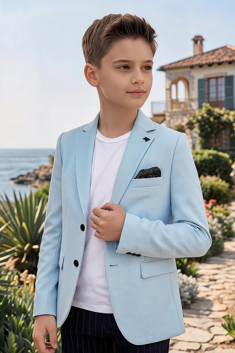 Boys Light Blue Notch Lapel Blazer & Navy Pinstripe Trousers 2-Piece Suit