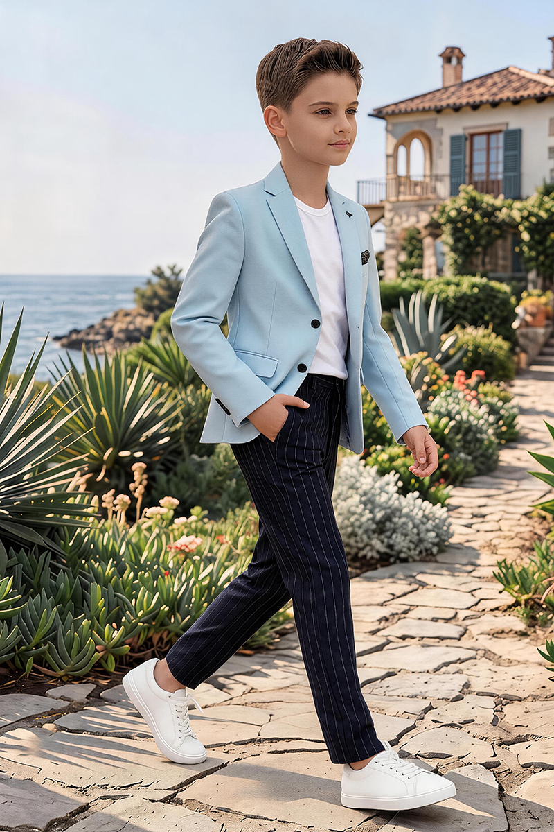 Boys Light Blue Notch Lapel Blazer & Navy Pinstripe Trousers 2-Piece Suit