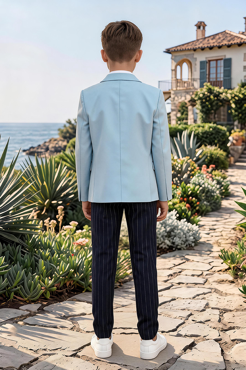 Boys Light Blue Notch Lapel Blazer & Navy Pinstripe Trousers 2-Piece Suit