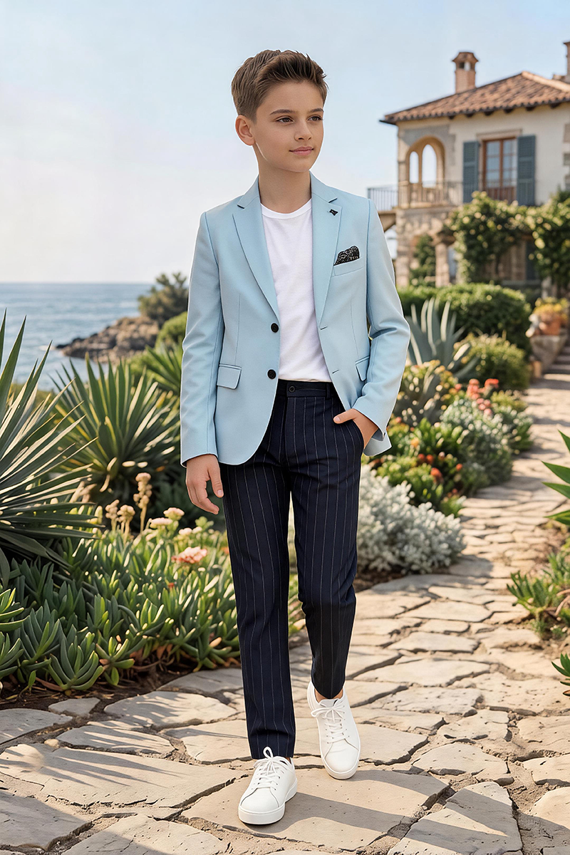 Boys Light Blue Notch Lapel Blazer & Navy Pinstripe Trousers 2-Piece Suit
