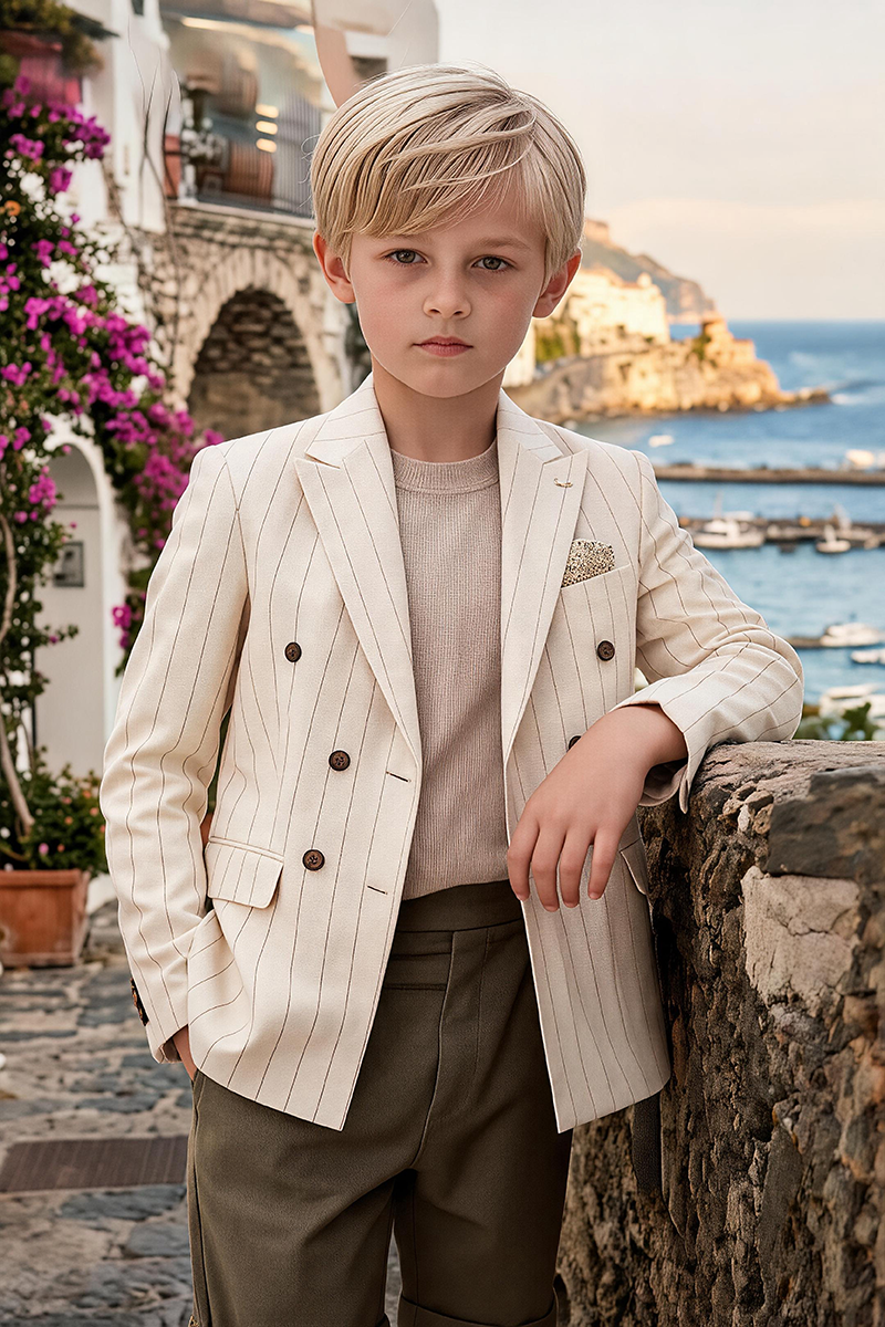 Boys Cream Pinstripe Double Breasted Blazer & Olive Cuffed Shorts 2-piece Suit