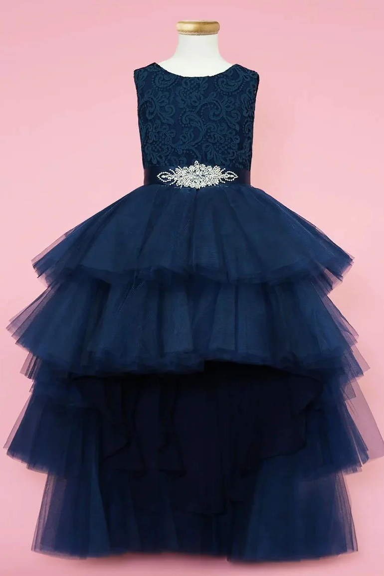 Navy Floral Lace Rhinestone Sash Multi-Layer High-Low Tulle A-Line Dress