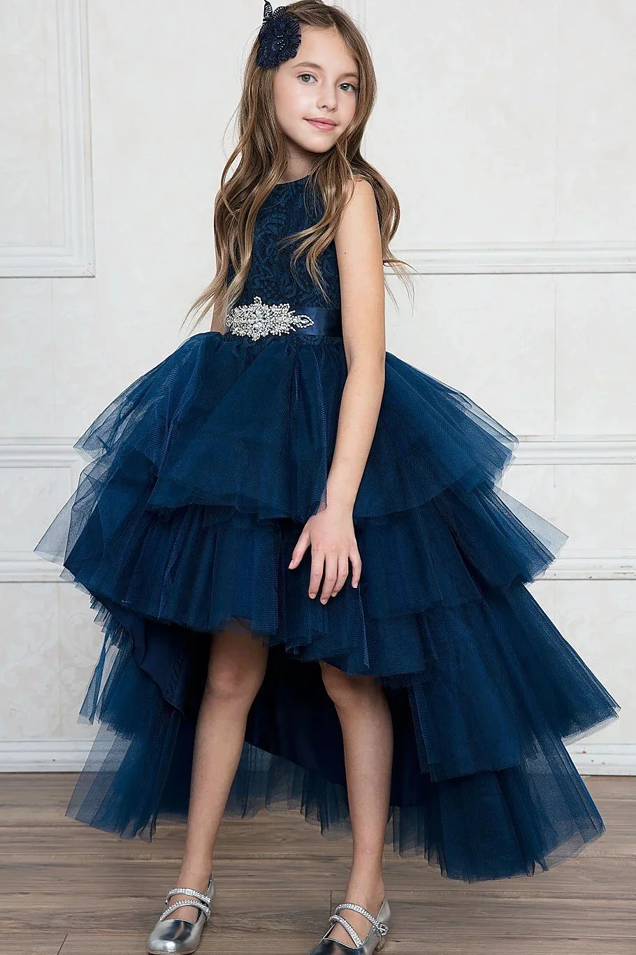 Navy Floral Lace Rhinestone Sash Multi-Layer High-Low Tulle A-Line Dress