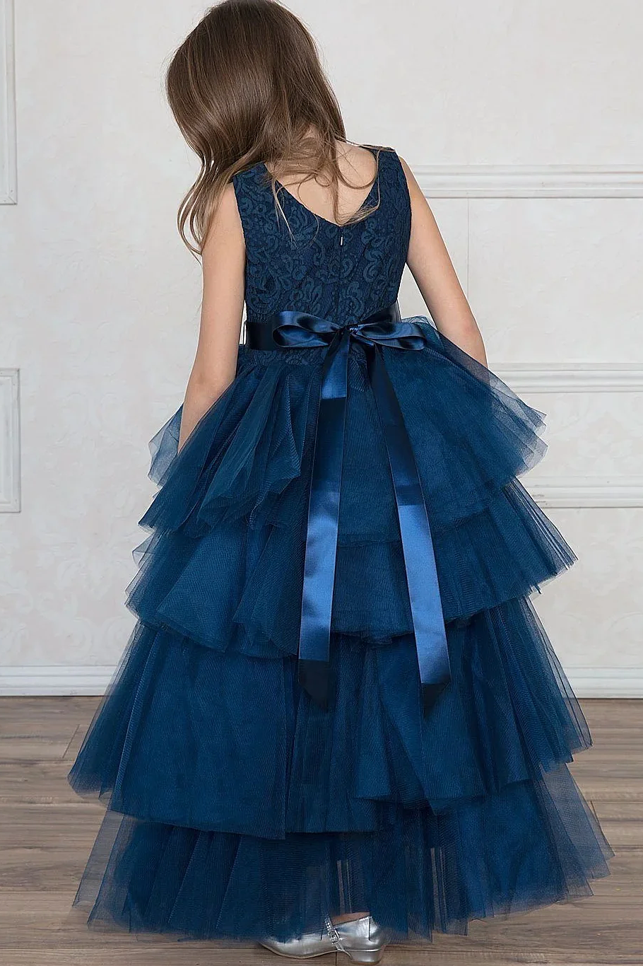 Navy Floral Lace Rhinestone Sash Multi-Layer High-Low Tulle A-Line Dress