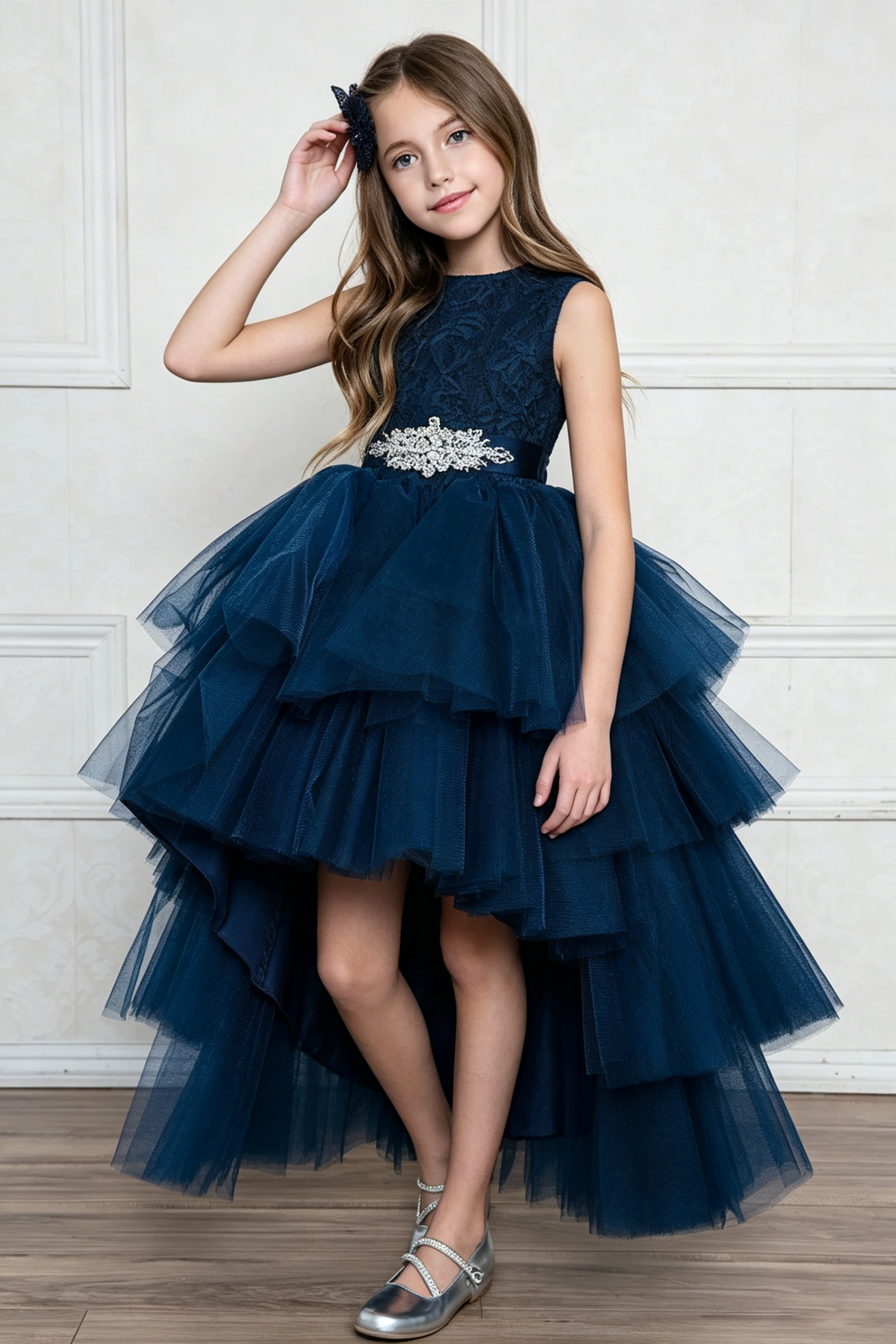 Navy Floral Lace Rhinestone Sash Multi-Layer High-Low Tulle A-Line Dress