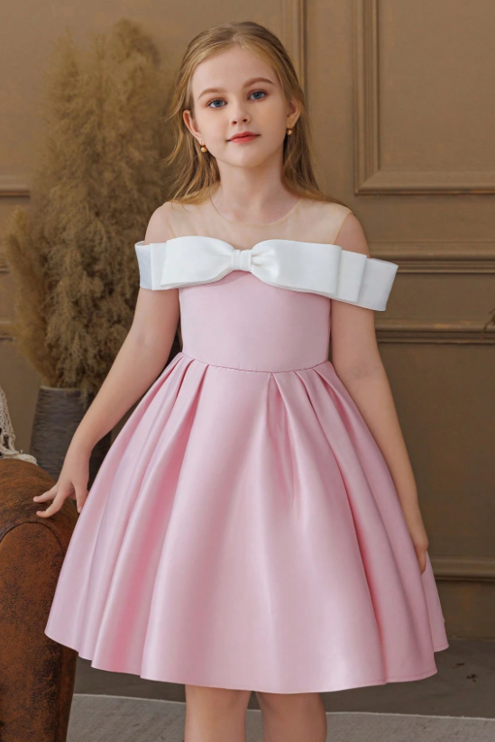 Blush Pink Satin White Shoulder Bow Off-The-Shoulder A-Line Dress