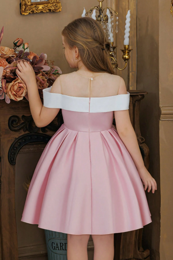 Blush Pink Satin White Shoulder Bow Off-The-Shoulder A-Line Dress