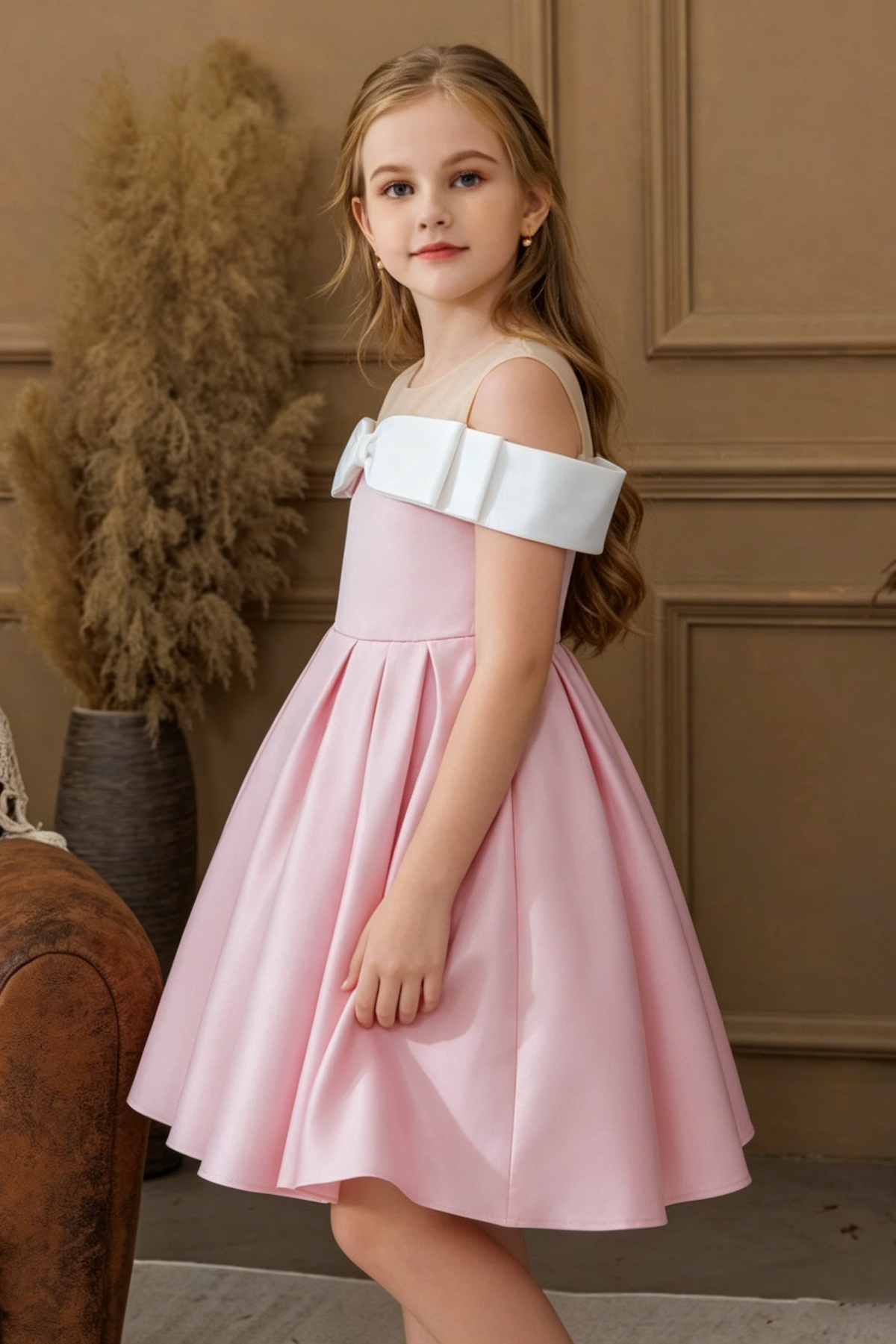 Blush Pink Satin White Shoulder Bow Off-The-Shoulder A-Line Dress