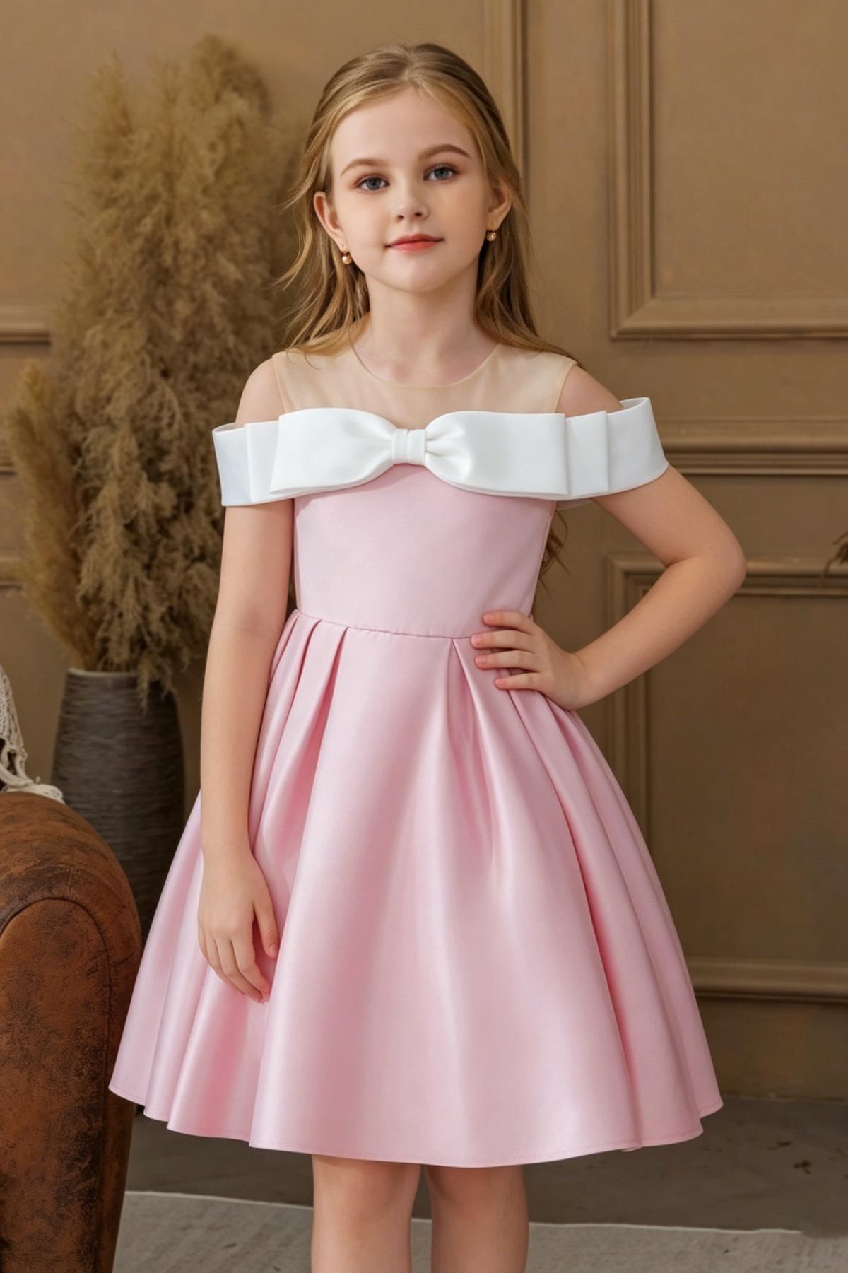 Blush Pink Satin White Shoulder Bow Off-The-Shoulder A-Line Dress