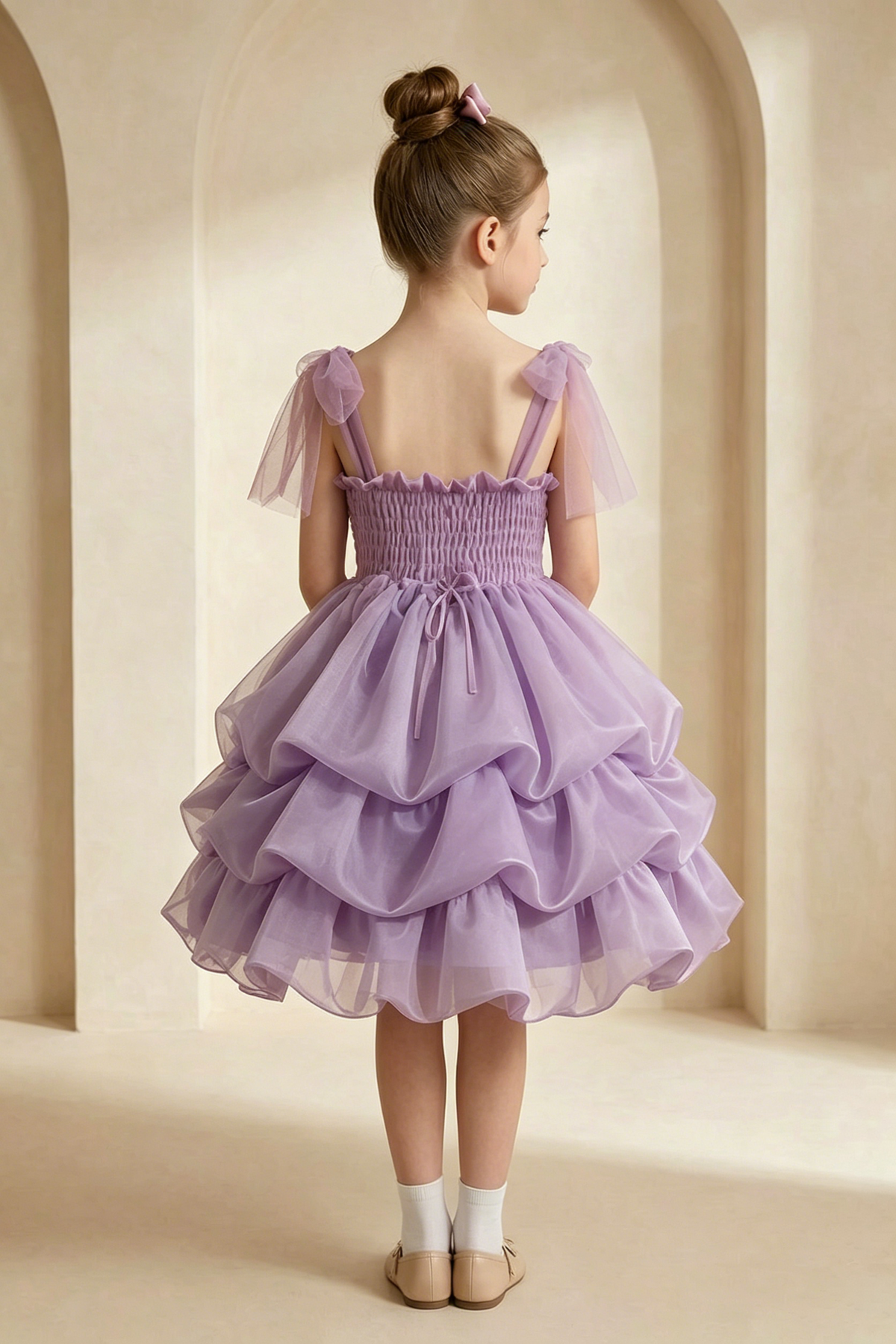 Light Lavender Smocked Tulle Bow Strap Multi-Tier Cake A-Line Dress