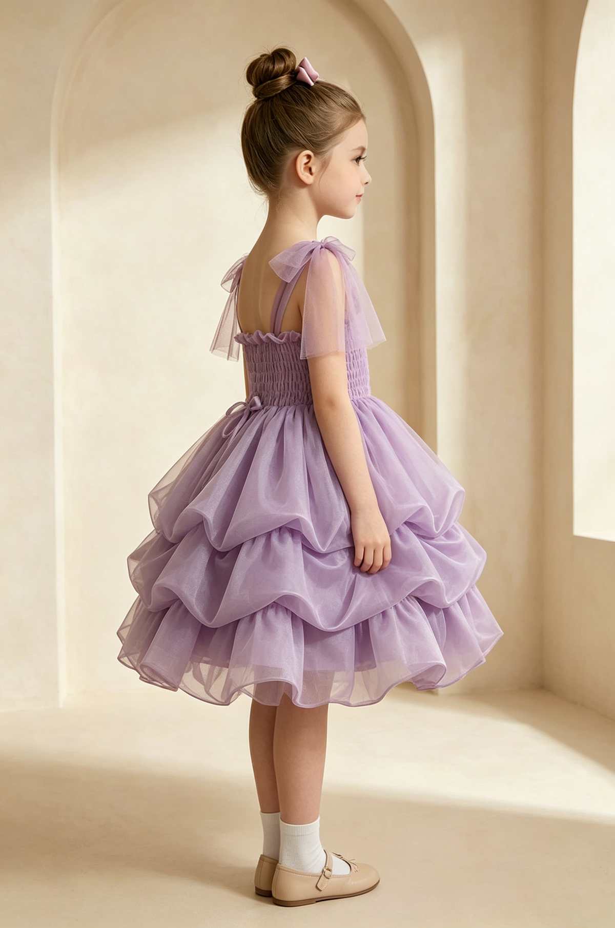 Light Lavender Smocked Tulle Bow Strap Multi-Tier Cake A-Line Dress