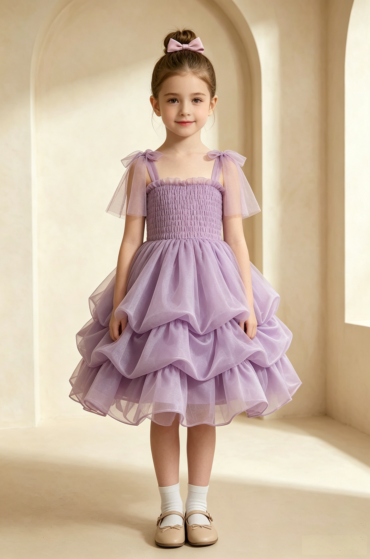 Light Lavender Smocked Tulle Bow Strap Multi-Tier Cake A-Line Dress