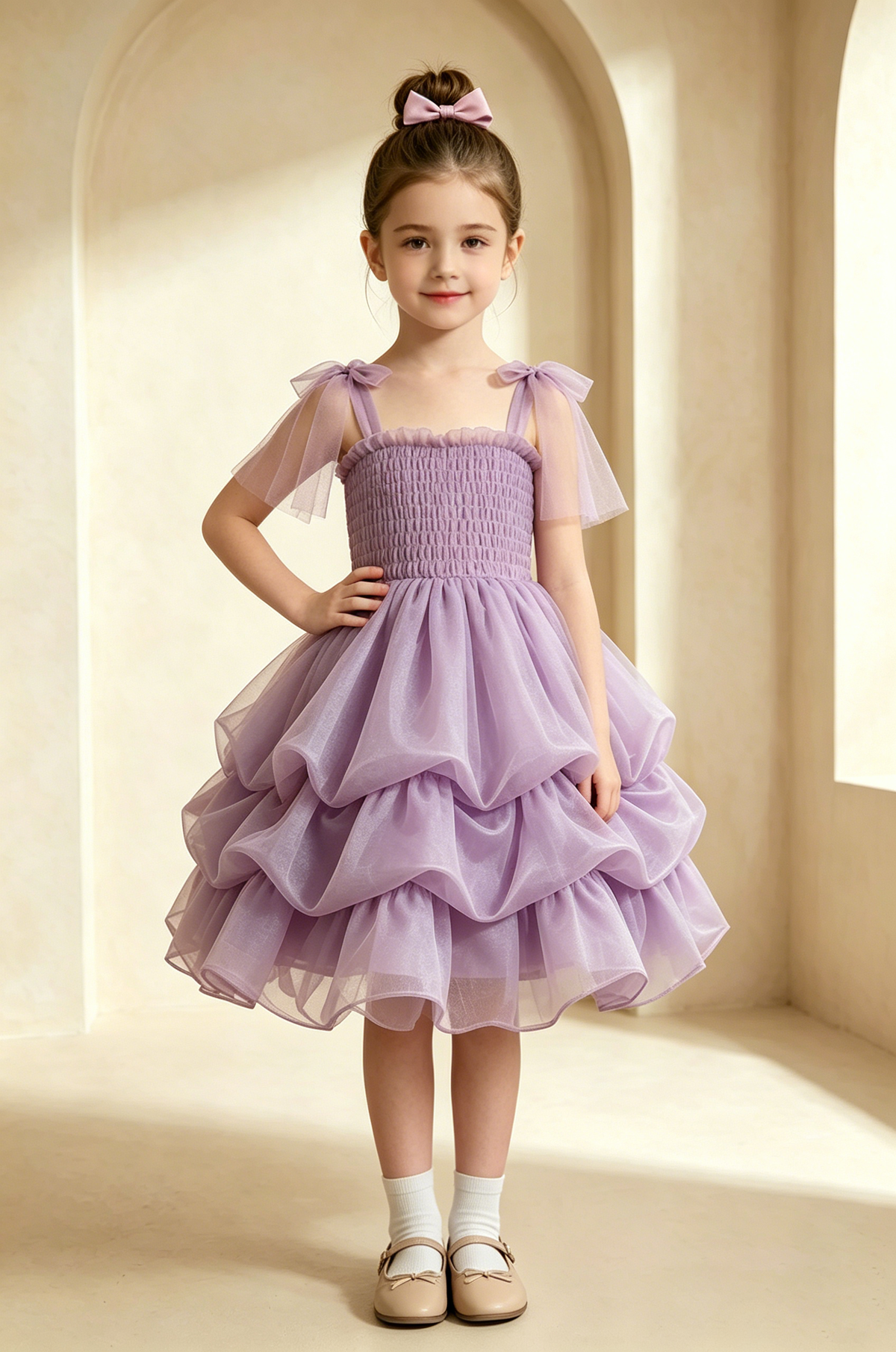 Light Lavender Smocked Tulle Bow Strap Multi-Tier Cake A-Line Dress
