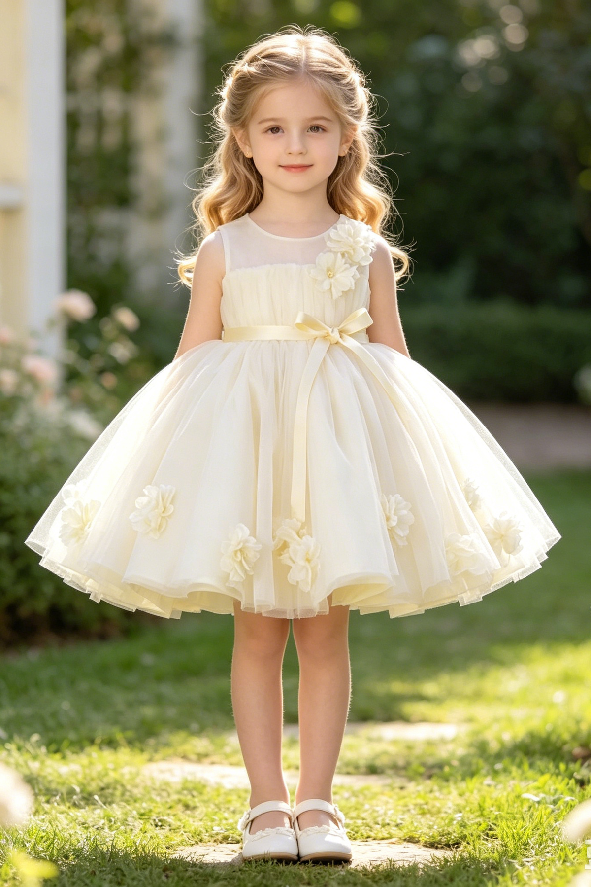 Pale Cream Tulle 3D Floral Appliqués & Satin Waist Bow A-Line Dress