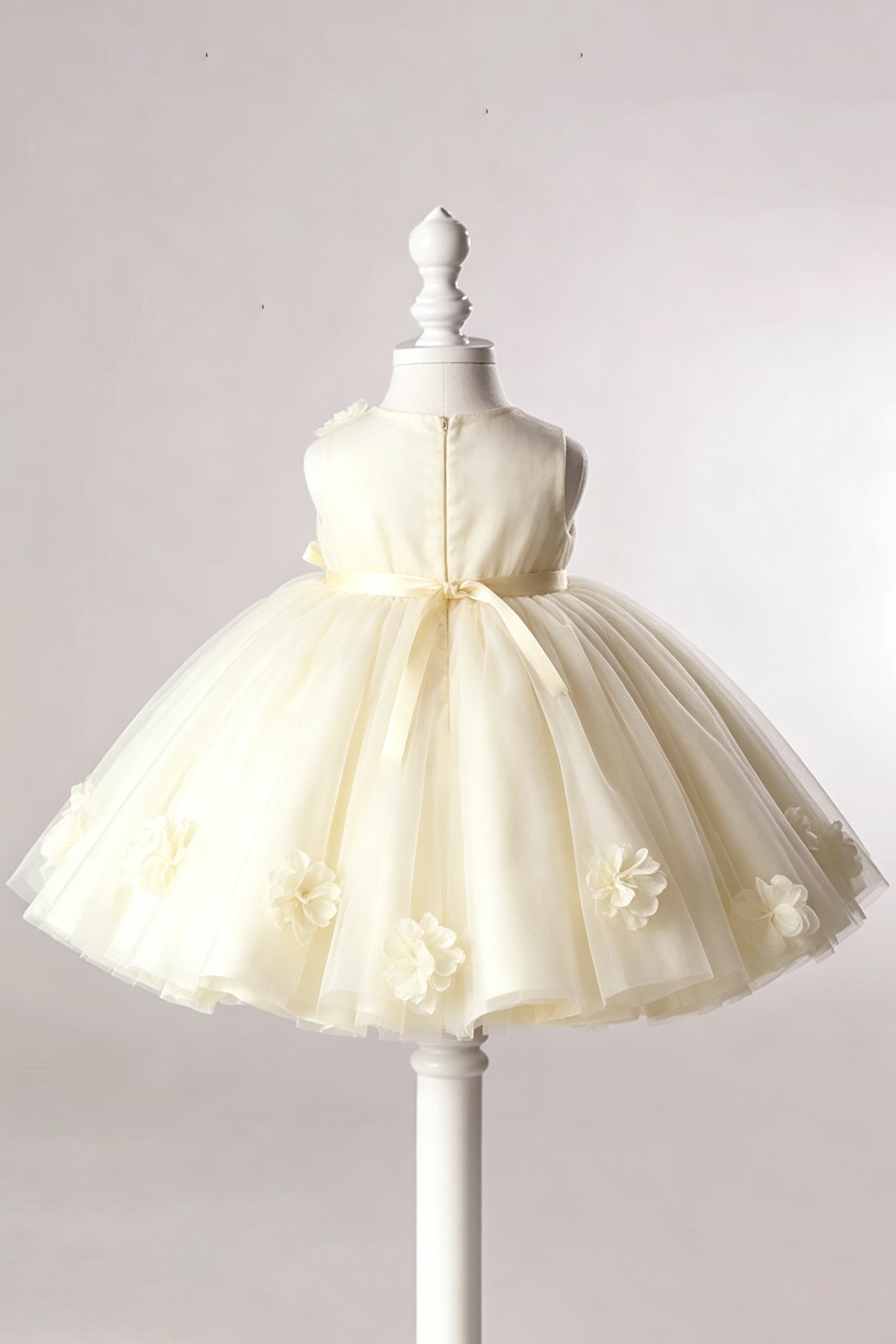 Pale Cream Tulle 3D Floral Appliqués & Satin Waist Bow A-Line Dress