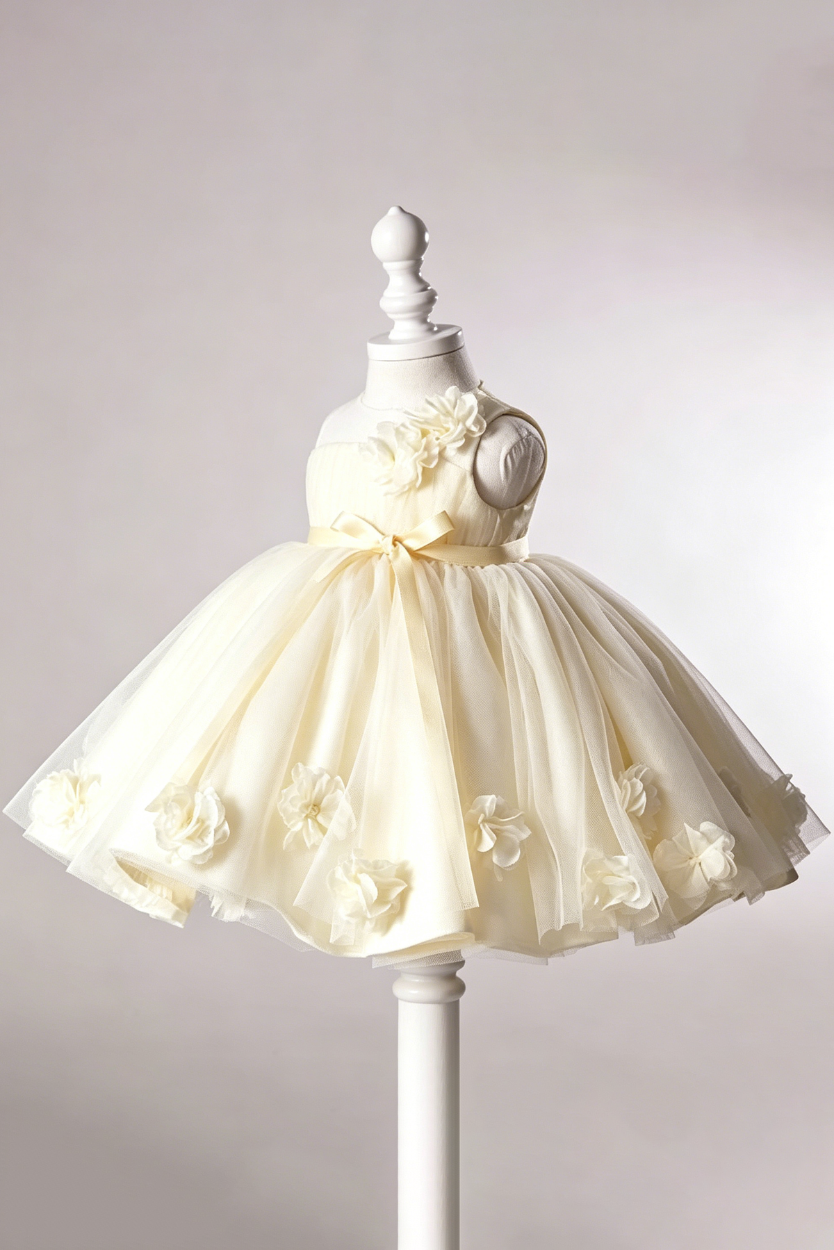 Pale Cream Tulle 3D Floral Appliqués & Satin Waist Bow A-Line Dress