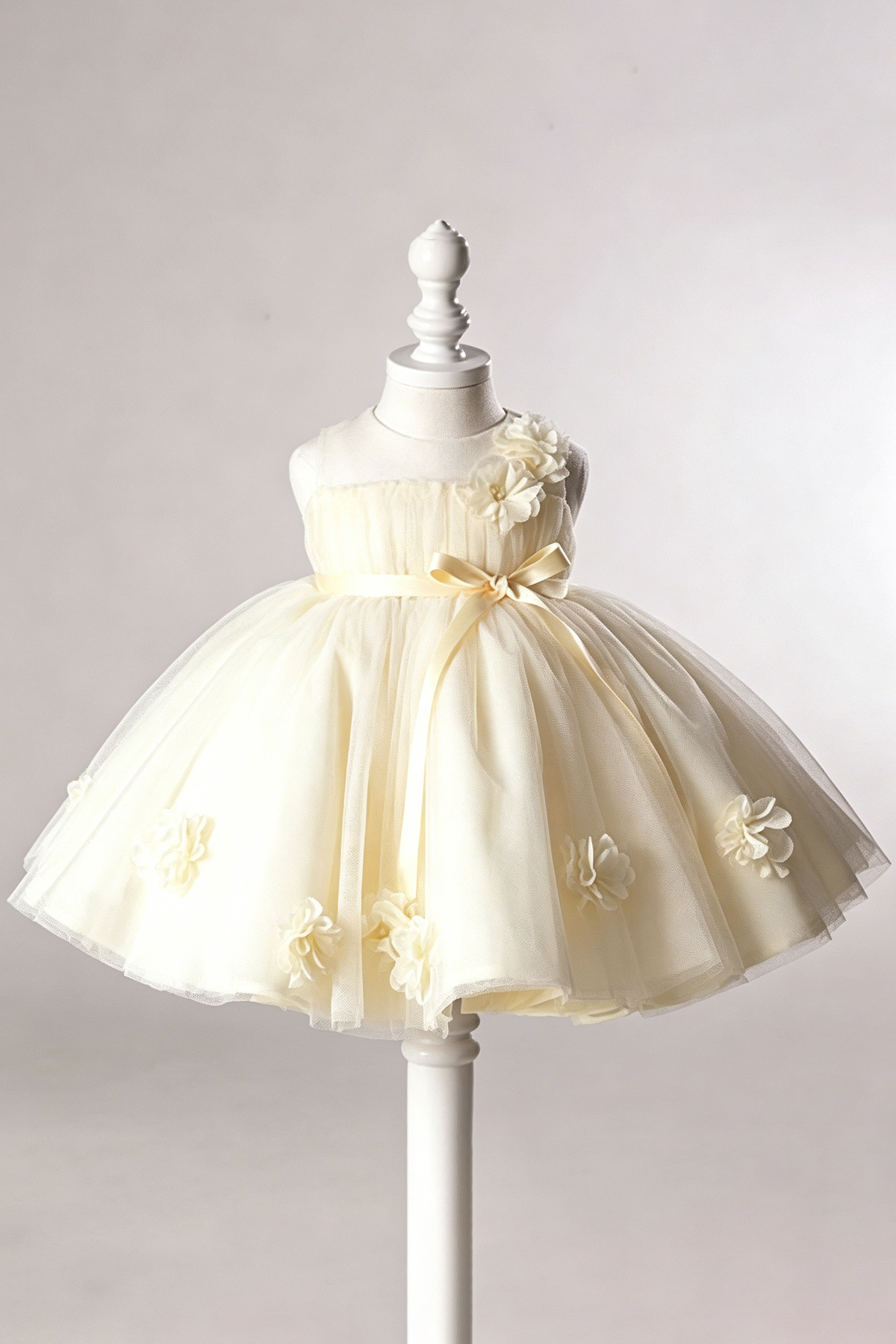 Pale Cream Tulle 3D Floral Appliqués & Satin Waist Bow A-Line Dress