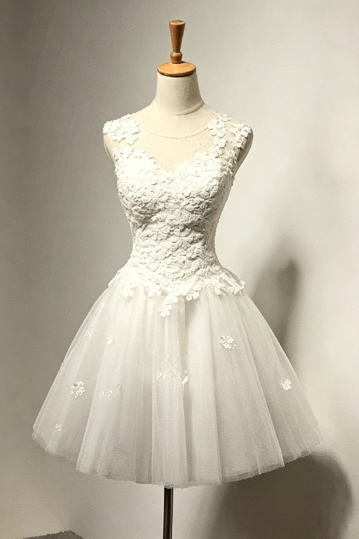 White Floral Lace Illusion Neck Waist-Cinched Midi Tulle A-Line Dress