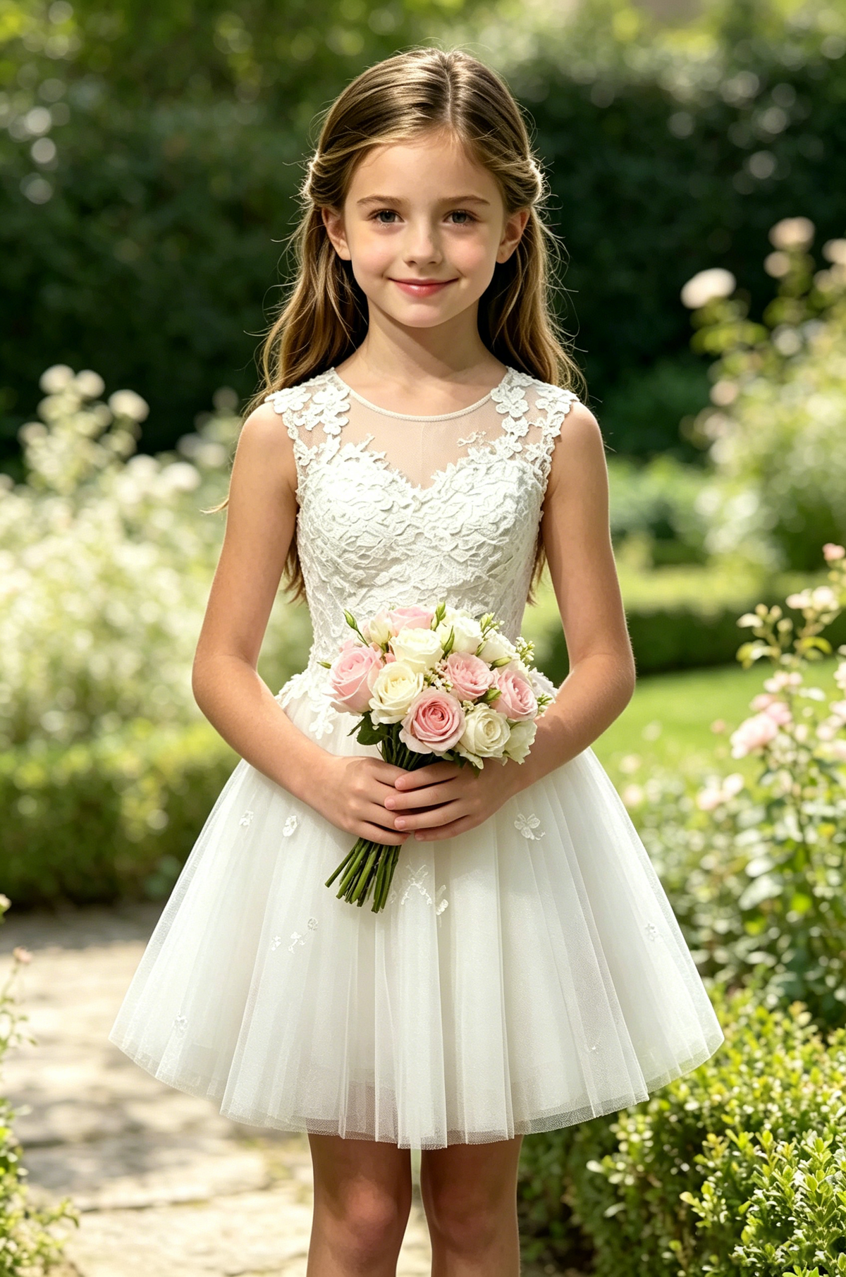 White Floral Lace Illusion Neck Waist-Cinched Midi Tulle A-Line Dress