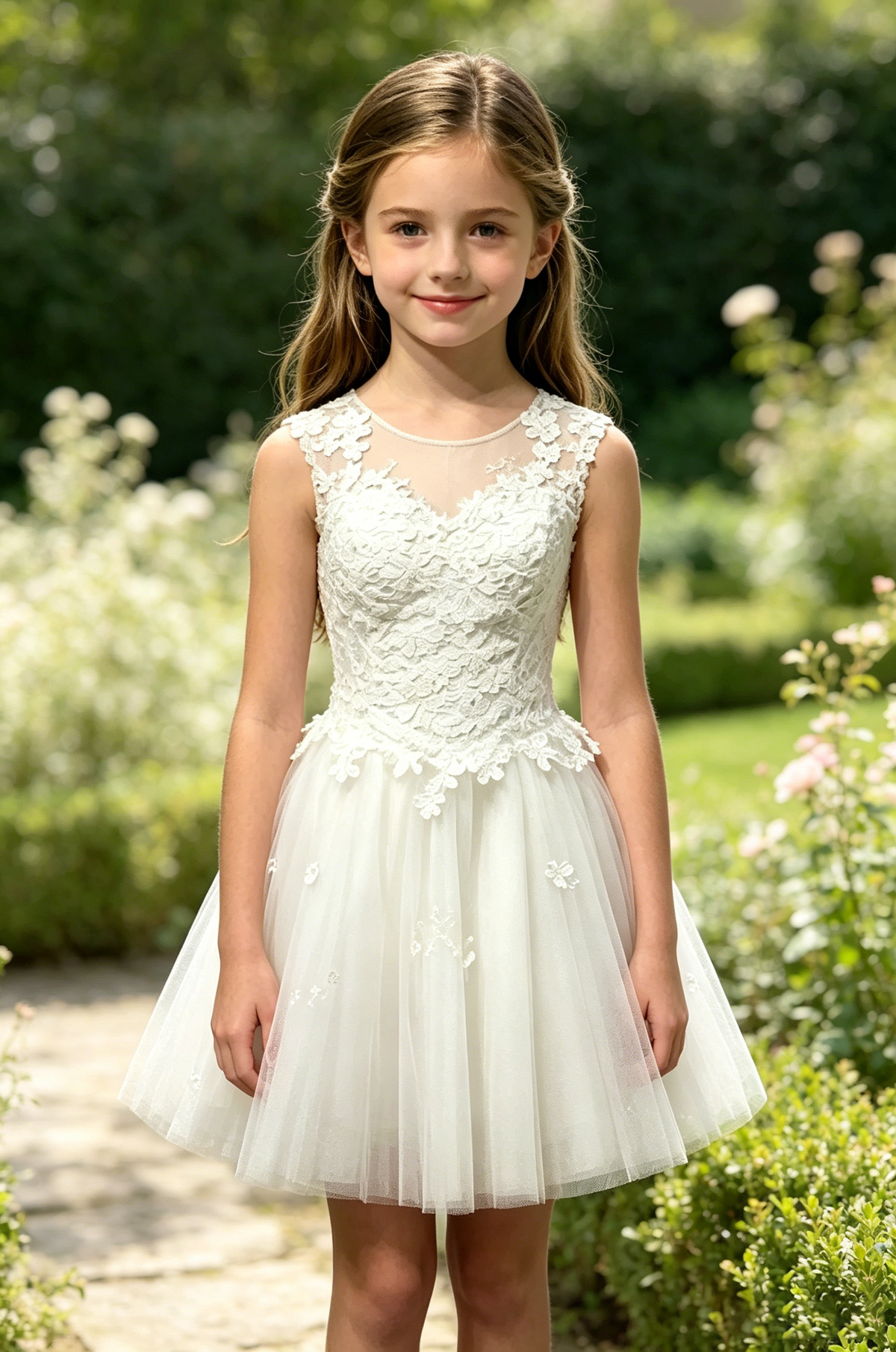 White Floral Lace Illusion Neck Waist-Cinched Midi Tulle A-Line Dress