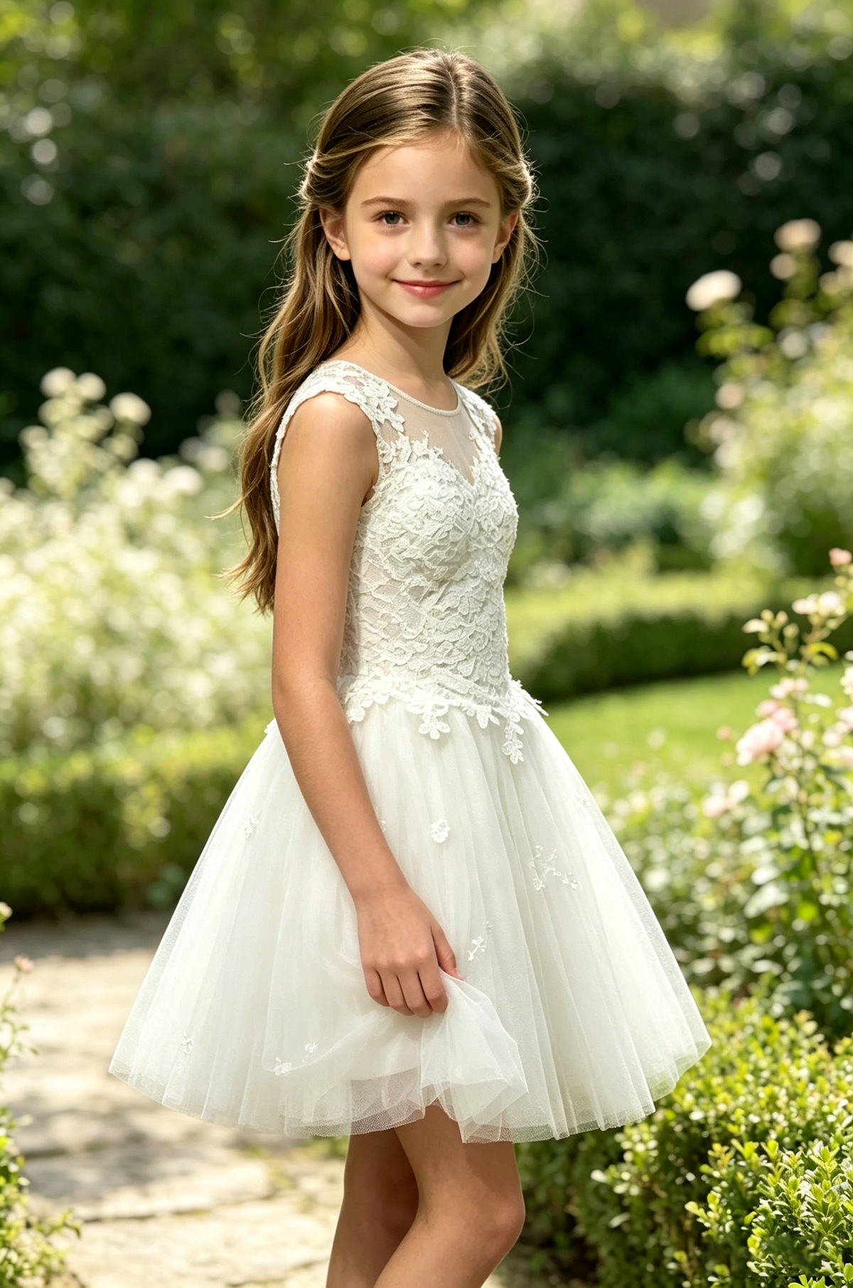 White Floral Lace Illusion Neck Waist-Cinched Midi Tulle A-Line Dress
