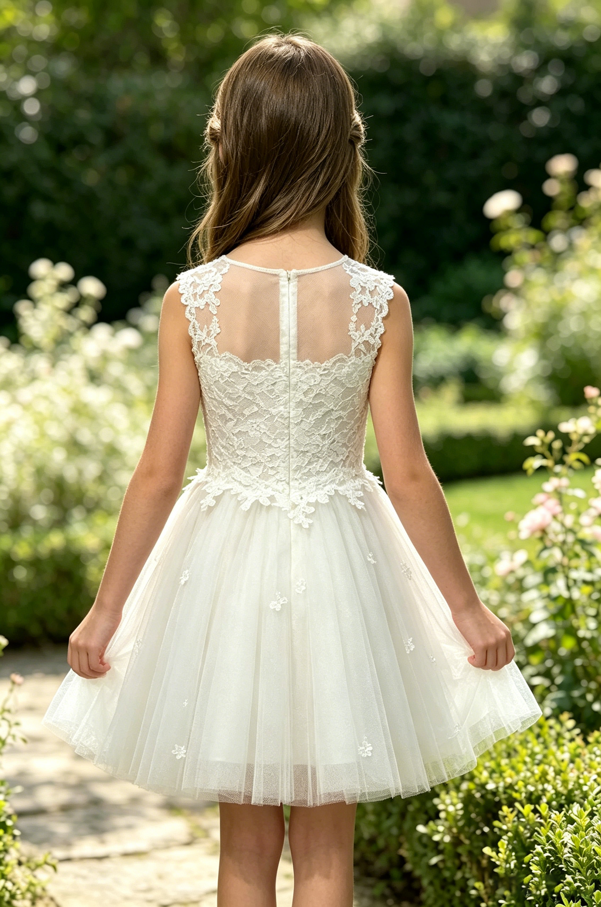 White Floral Lace Illusion Neck Waist-Cinched Midi Tulle A-Line Dress