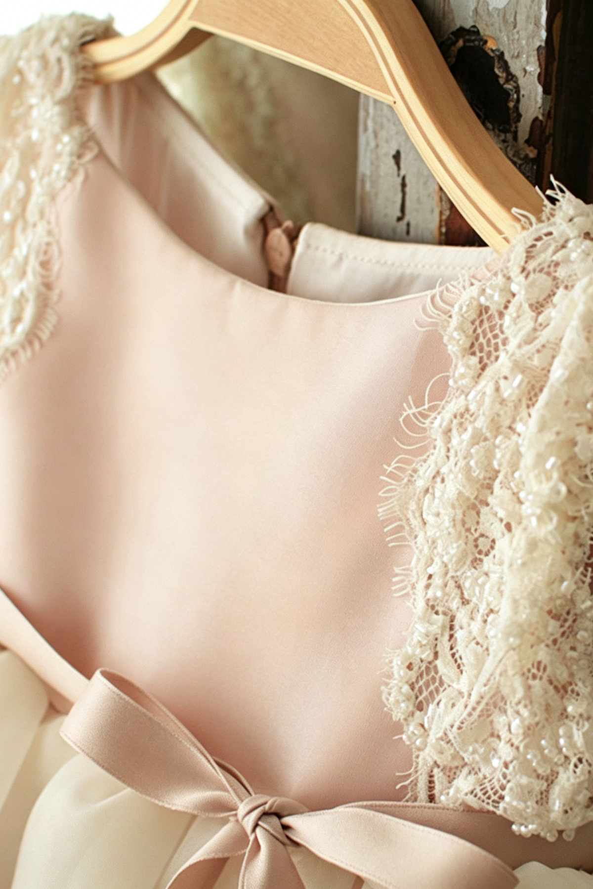 Blush Pink Satin Tulle White Lace Shoulder & Satin Waist Bow A-Line Dress