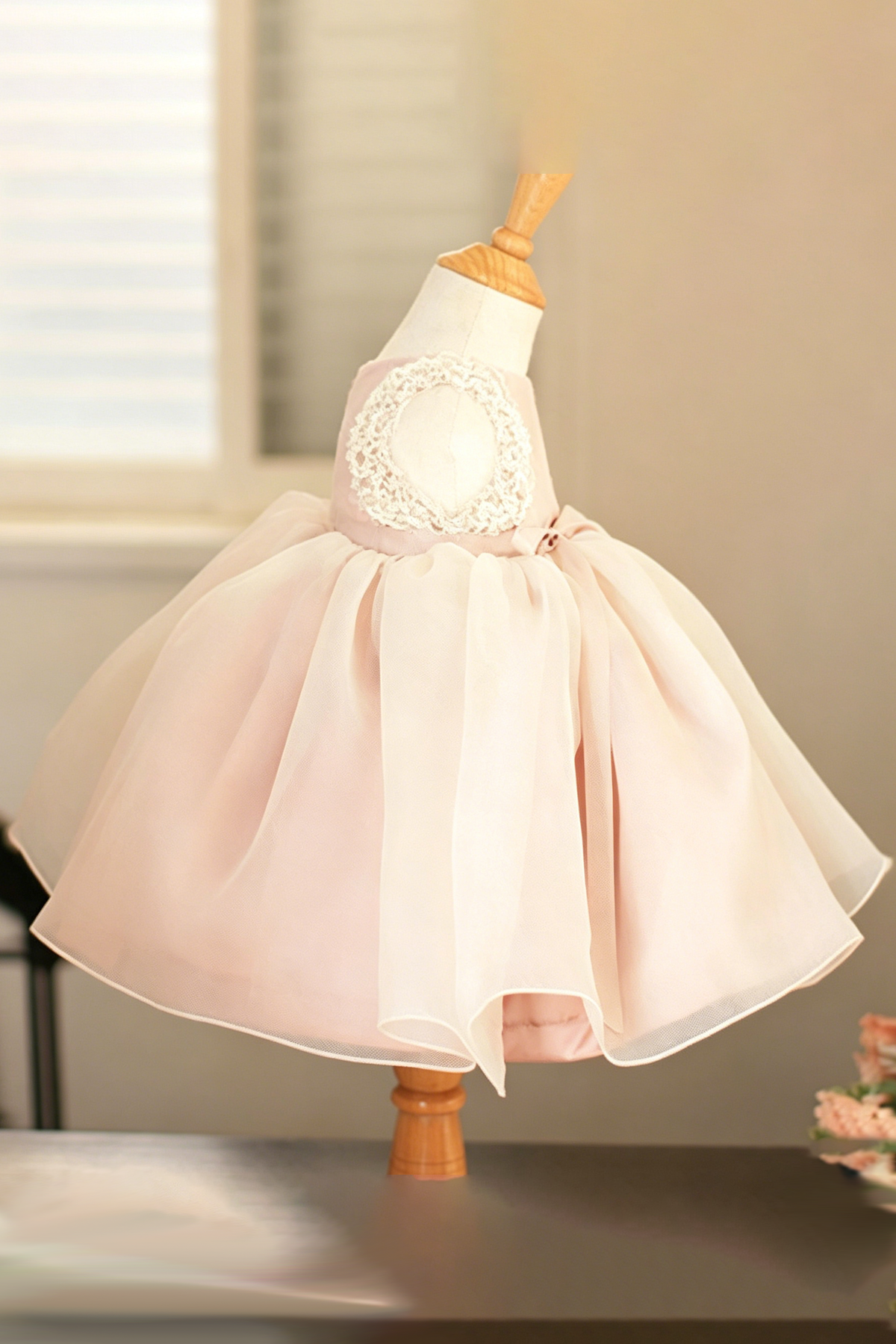 Blush Pink Satin Tulle White Lace Shoulder & Satin Waist Bow A-Line Dress