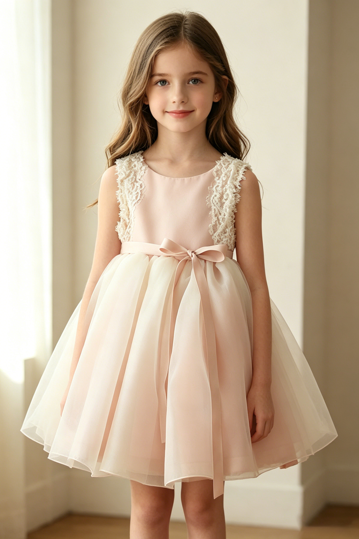 Blush Pink Satin Tulle White Lace Shoulder & Satin Waist Bow A-Line Dress