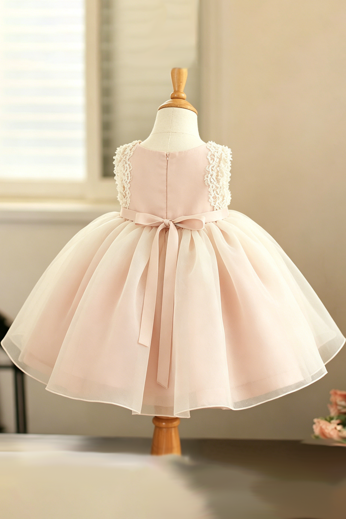 Blush Pink Satin Tulle White Lace Shoulder & Satin Waist Bow A-Line Dress